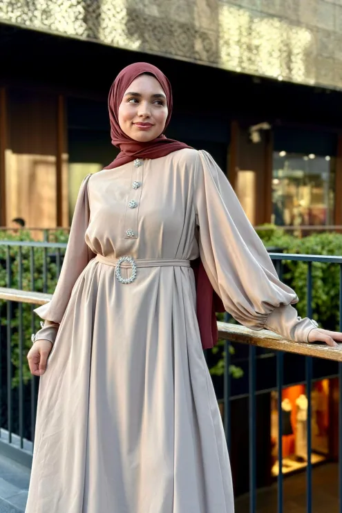 Kristal Taşlı Abaya - Bej