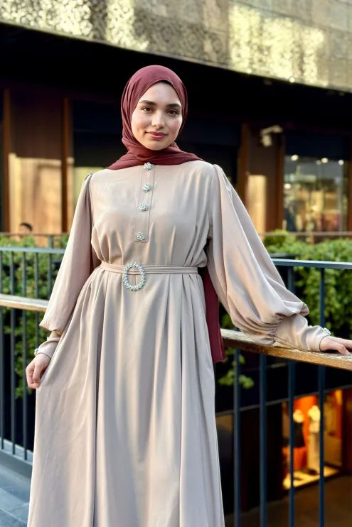 Kristal Taşlı Abaya - Bej