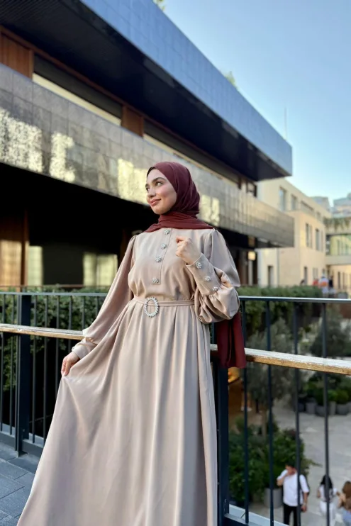 Kristal Taşlı Abaya - Bej